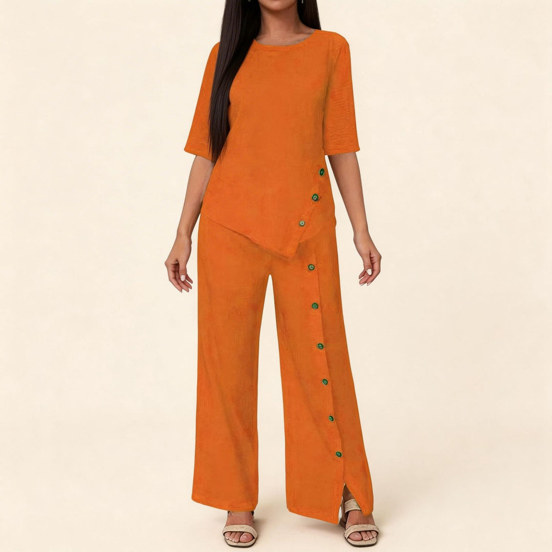 Damen asymmetrisches zweiteiliges Lounge-Set mit 3/4-Ärmeln und seitlicher Knopfverzierung Shop Nory