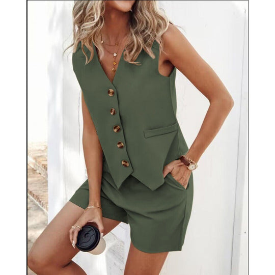 Damen modernes Weste-Hosen-Set mit Knopfdetails