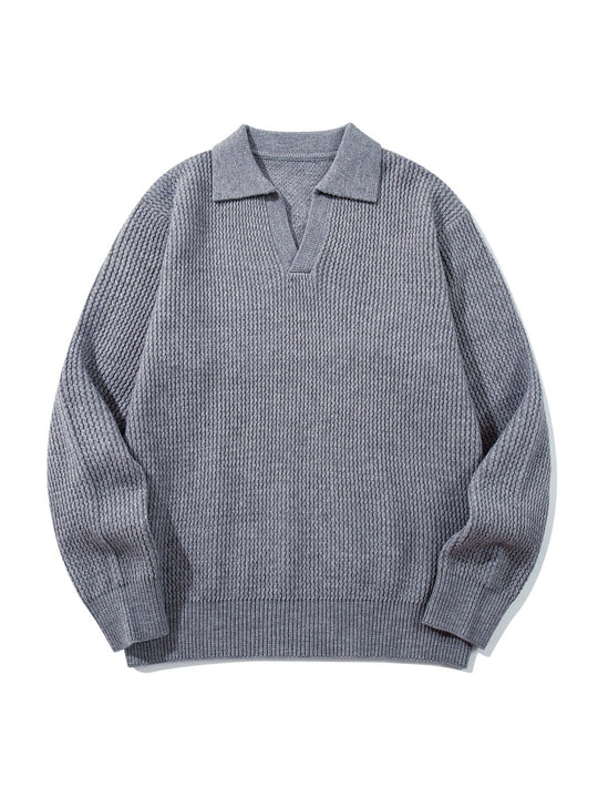Herren Grobgestrickter Polokragen-Pullover mit V‑Ausschnitt und Rippenbündchen Shop Nory
