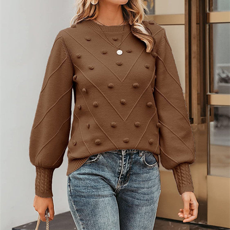 Damen nan gerippter Bobble-Pullover mit Ballonärmeln und Rundhalsausschnitt Shop Nory