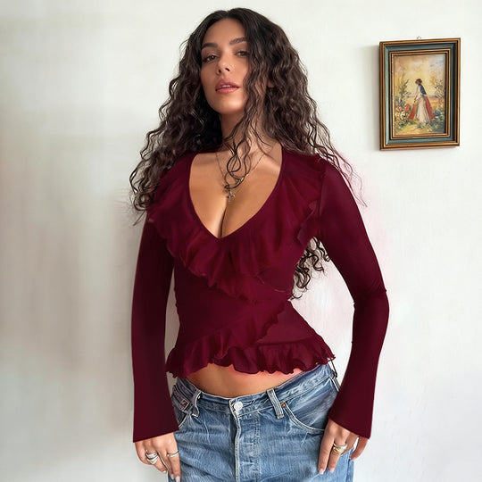 Damen Langarmshirt mit tiefem V-Ausschnitt, asymmetrischen Volants und tailliertem Peplum Shop Nory