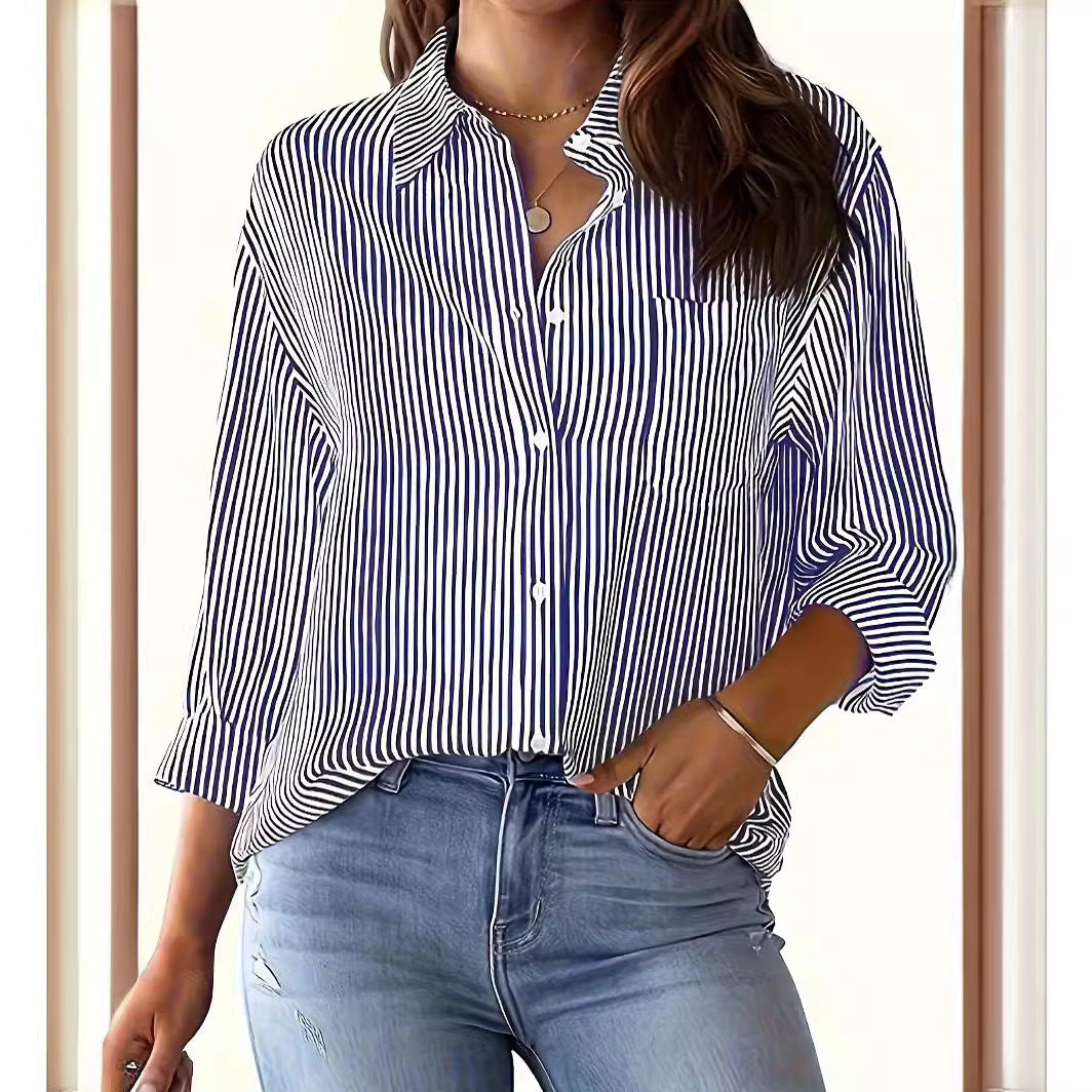 Damen Leichte Oversize-Hemdbluse mit vertikalen Streifen, Kentkragen und dreiviertelärmeln Shop Nory