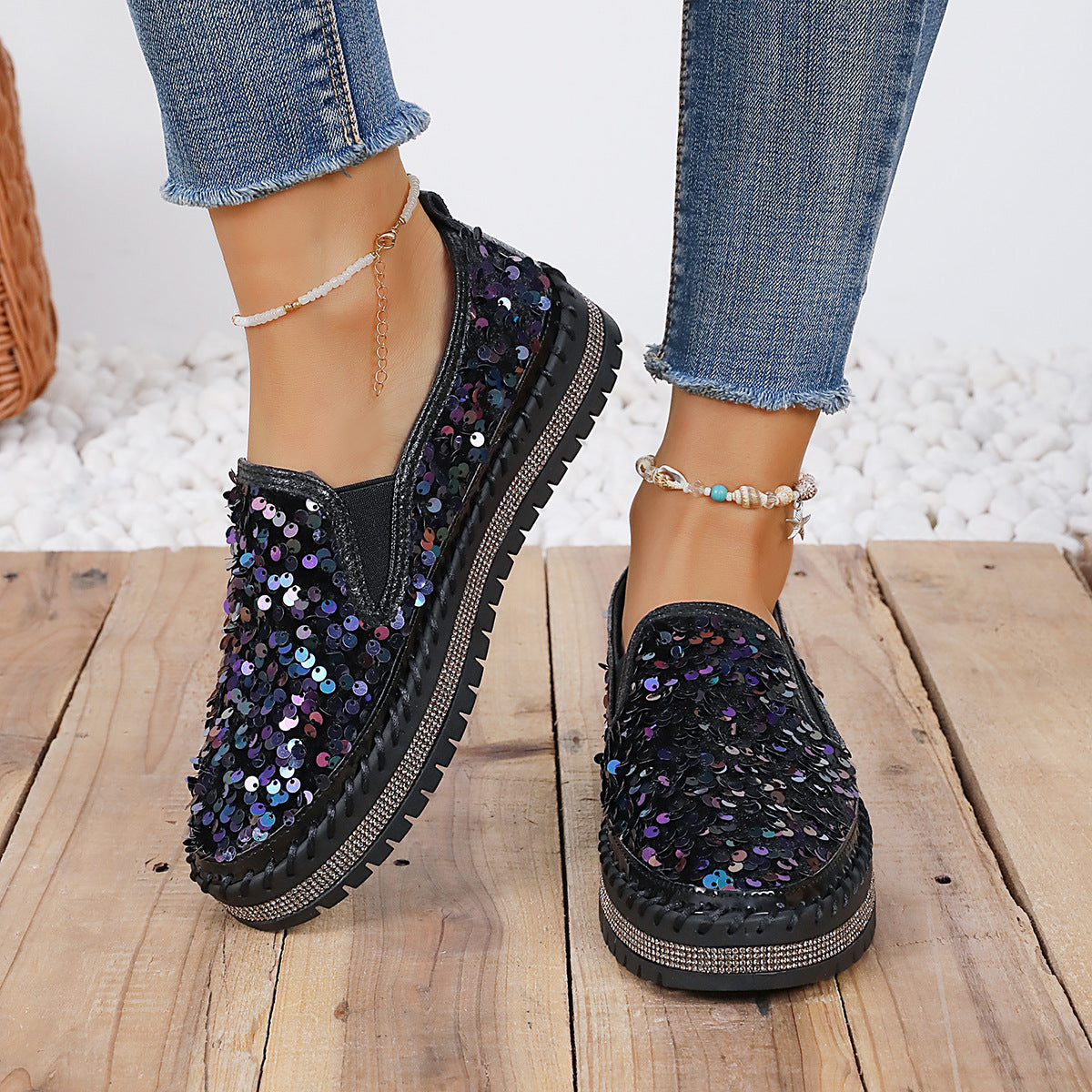 Damen Glitzernde Slip-On Sneakers mit elastischem Obermaterial und rutschfester Sohle Shopnory