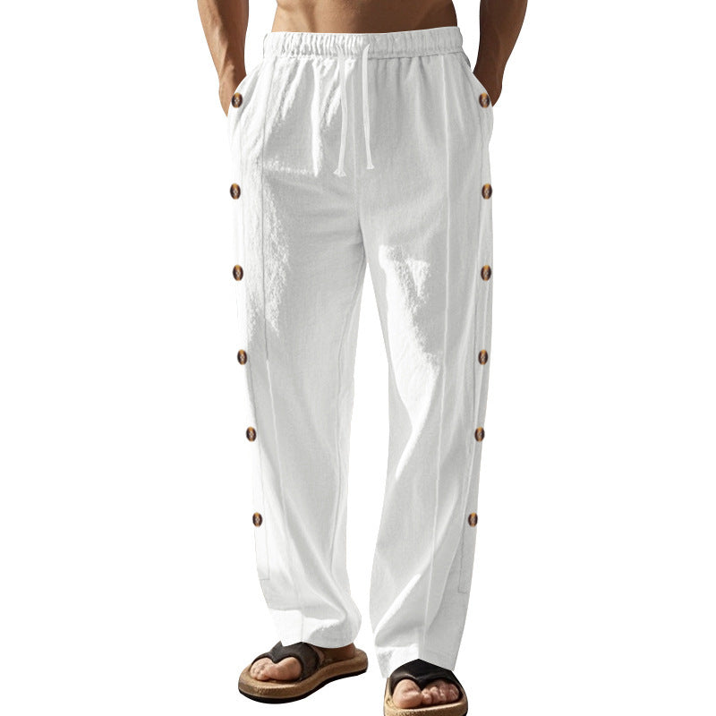 Herren nan entspannte Leinen-Relaxhose mit seitlicher Knopfleiste elastischem Bund und Eingrifftaschen