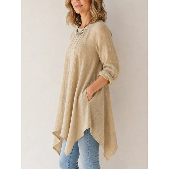 Damen Lässige Long-Tunika mit Handtuchsaum, Kräusel-Biesen und Eingrifftaschen Shop Nory
