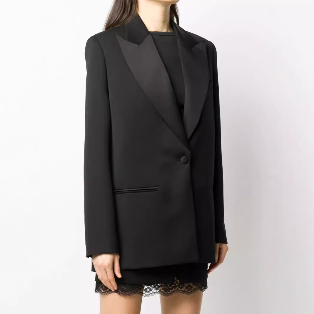 Damen Oversize Einreihiger Longblazer mit Satin-Schalkragen und cleanem Tailoring Shop Nory