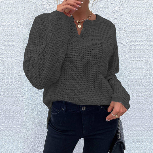 Damen Waffelstrick-Pullover mit V-Schlitz, oversized Schnitt und Ballonärmeln Shop Nory