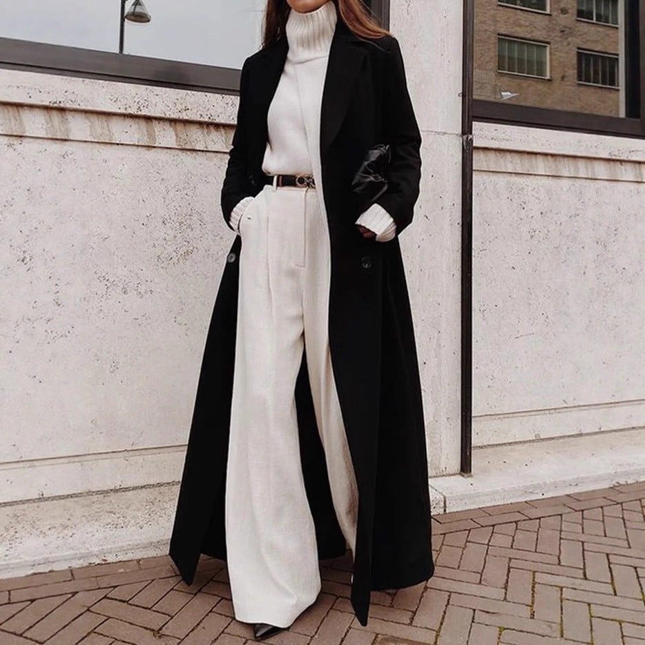 Damen Langer doppeltreihiger Wollmantel mit Reverskragen und taillierter Silhouette Shop Nory