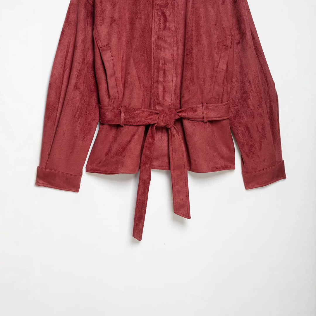 Damen Kimonoinspirierte Veloursjacke mit Bindegürtel und hohem Stehkragen Shop Nory