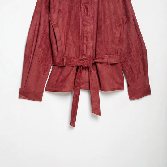 Damen Kimonoinspirierte Veloursjacke mit Bindegürtel und hohem Stehkragen Shop Nory