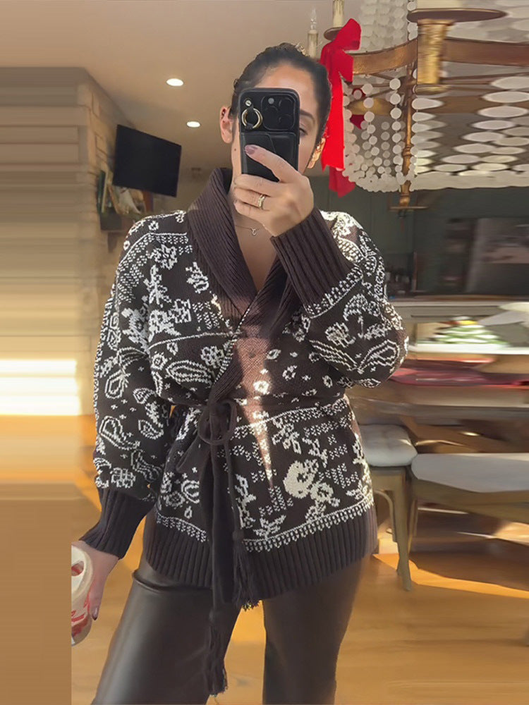 Damen Strickcardigan mit Schalkragen, Fair-Isle-Muster und Bindegürtel Shop Nory