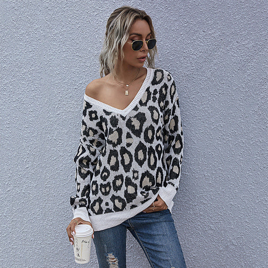 Damen Grobgestrickter V-Neck Pullover mit Oversize‑Silhouette und Statement‑Leoprint Shop Nory