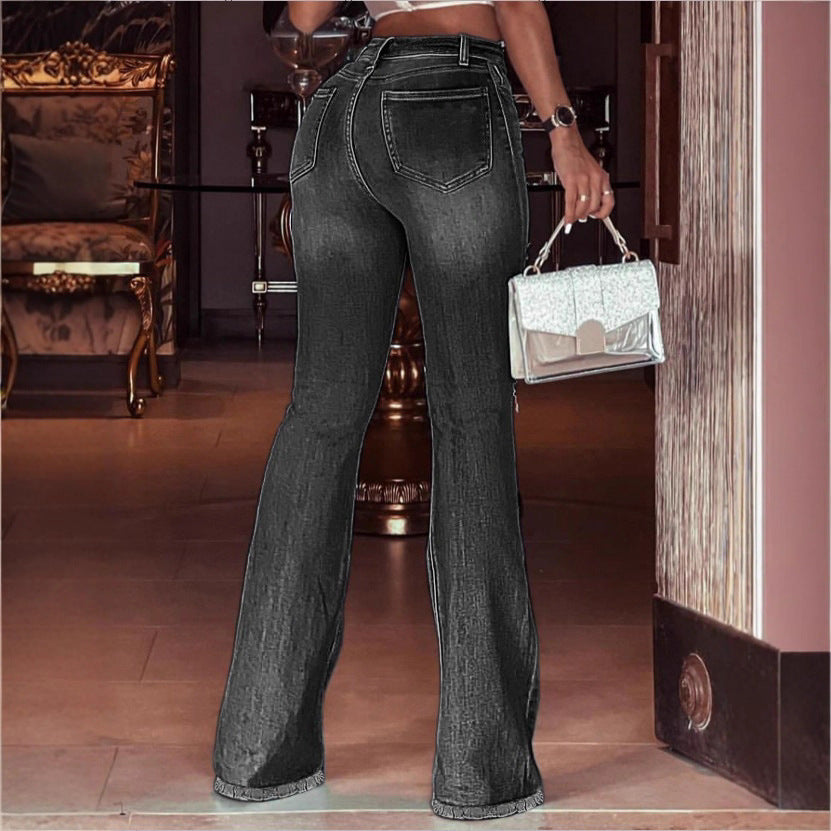 Damen Hochtaillierte Flared-Jeans mit Knie-Rissen, Fransen-Saum und ausgestelltem Bein Shop Nory