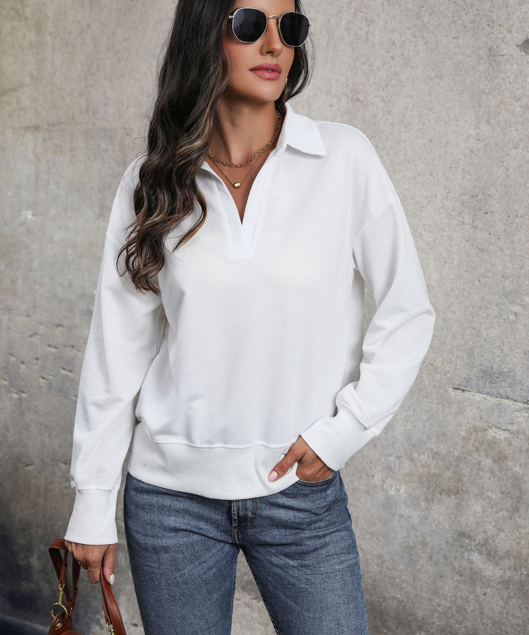 Damen Lockerer Sweatshirt-Polo mit V-Ausschnitt und geripptem Saum Shop Nory