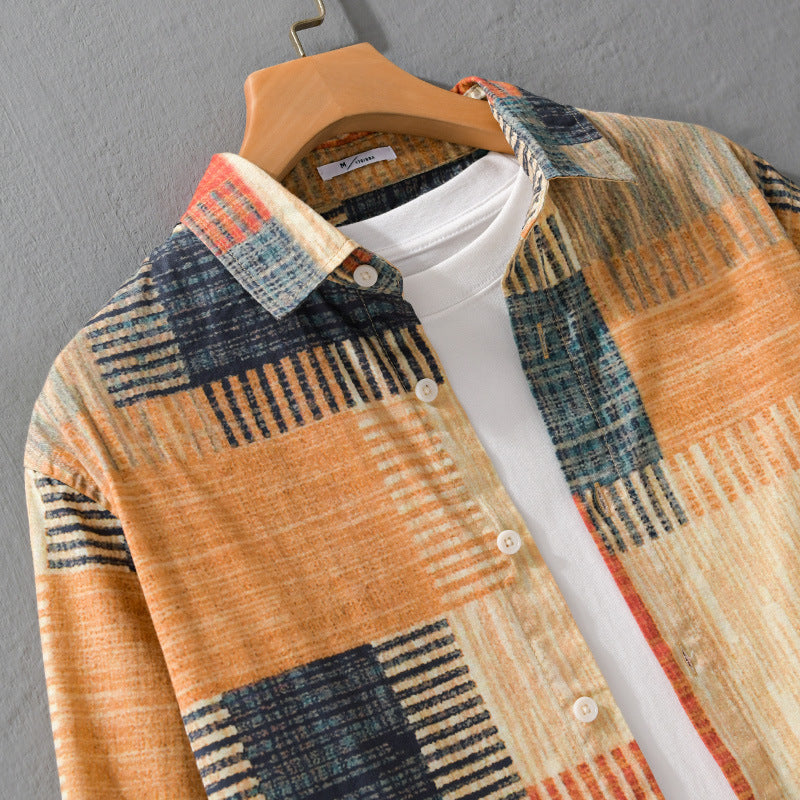 Herren Gemustertes Langarm-Hemd im Patchwork-Look aus leichtem Baumwollmix Relaxed Fit Shop Nory