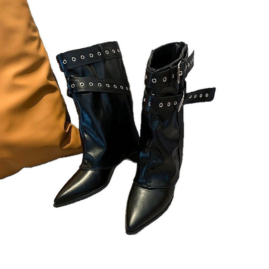 Damen Wadenhohe Wildleder-Slouch-Stiefel mit spitzer Zehenpartie und Zierschnallen Shop Nory
