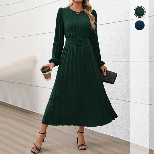 Damen Plissiertes Midikleid mit Taillengürtel, Puffärmeln und Rundhalsausschnitt Shop Nory