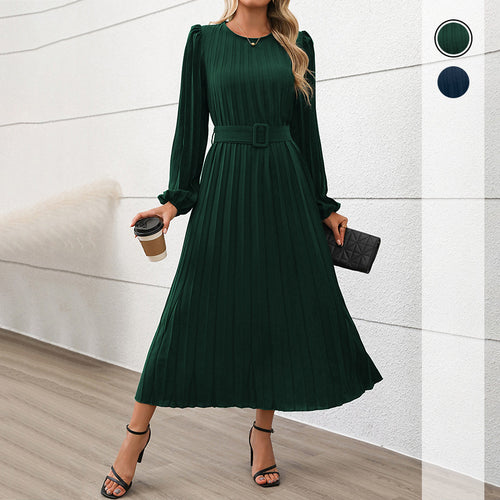 Damen Plissiertes Midikleid mit Taillengürtel, Puffärmeln und Rundhalsausschnitt Shop Nory