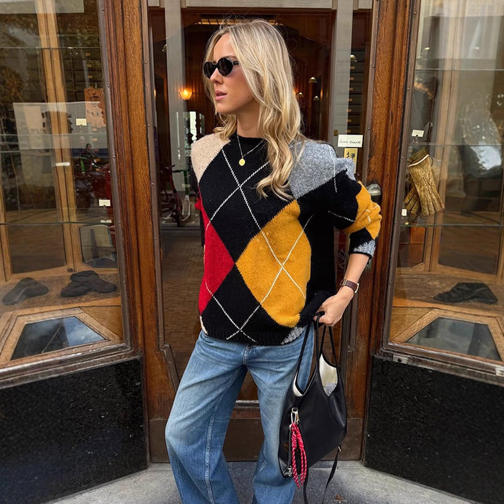 Damen Oversize Argyle-Pullover aus Mohair-Mix mit Rundhalsausschnitt und kontrastierenden Rautendetails Shop Nory