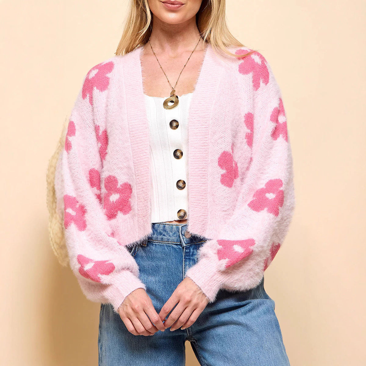 Damen Flauschiger Cardigan mit Blumenmuster