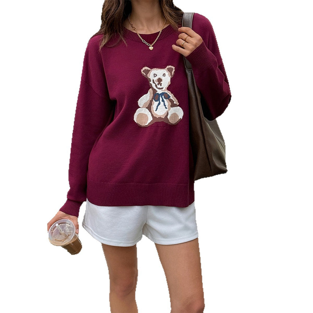 Damen nan Oversize-Strickpullover mit eingestricktem Teddybärmotiv und Rippbündchen Shop Nory