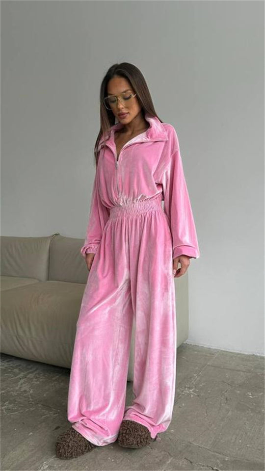 Damen Samt-Jumpsuit mit weitem Bein, elastischer Taillenpartie und Stehkragen Shop Nory