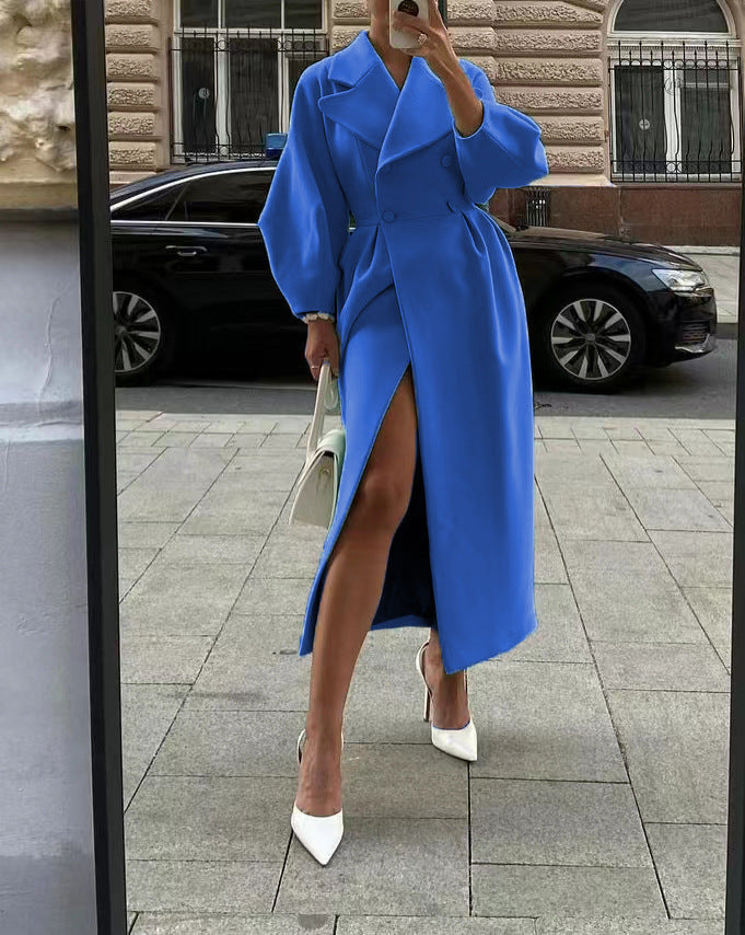 Damen Maxi-Wickelmantel mit seitlichem Schlitz und Ballonärmeln Shop Nory
