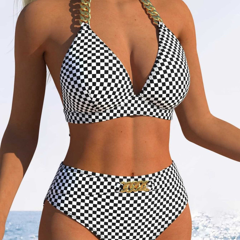 Damen Bikini-Set mit stilvollem Karomuster und goldfarbenen Akzenten