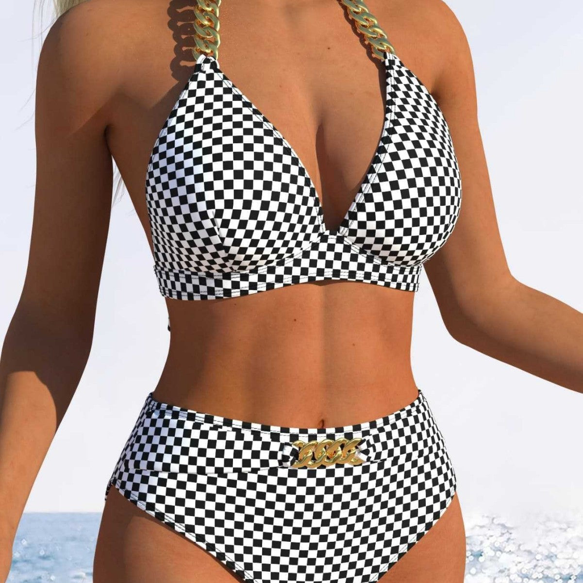 Damen Bikini-Set mit stilvollem Karomuster und goldfarbenen Akzenten