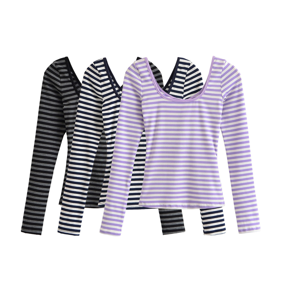 Damen Gestreiftes Langarmshirt mit tiefem Rundhalsausschnitt und Zierschleife Shop Nory