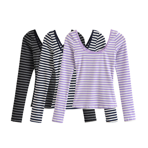 Damen Gestreiftes Langarmshirt mit tiefem Rundhalsausschnitt und Zierschleife Shop Nory