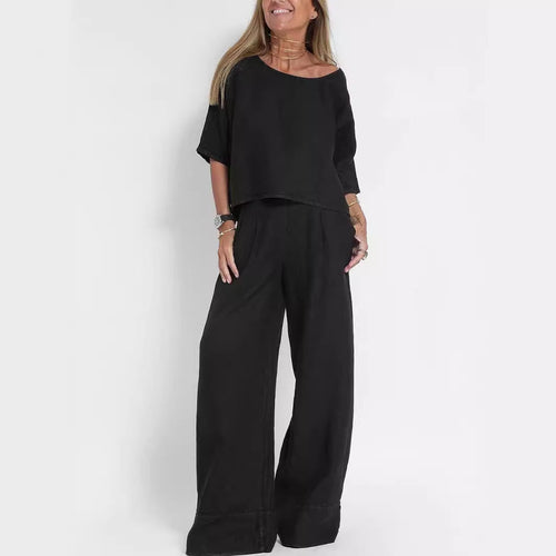 Damen lässiges Leinen-Set mit weitem Oberteil und palazzo Hosen