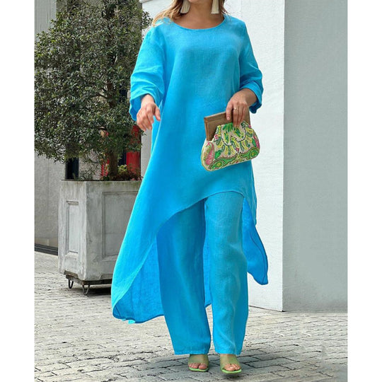 Damen Lässiges Leinenoptik-Zweiteiler mit asymmetrischer Long-Tunika und weitem Palazzo-Hose Shop Nory