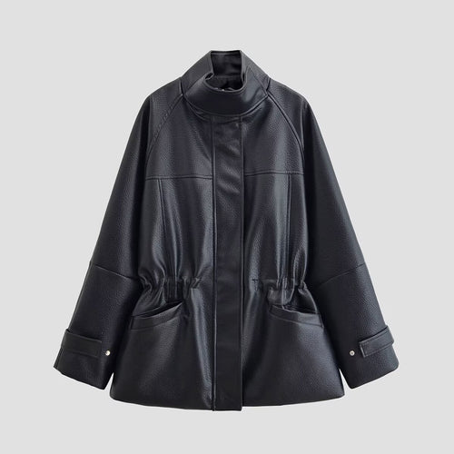 Damen Oversize Kunstlederjacke mit Stehkragen, Tunnelzug-Taille und aufgesetzten Taschen Shop Nory