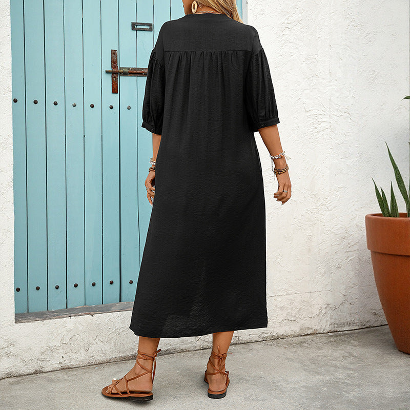 Damen Besticktes Hemdblusenkleid A‑Linie mit Knopfleiste und 3/4‑Ballonärmeln Shop Nory