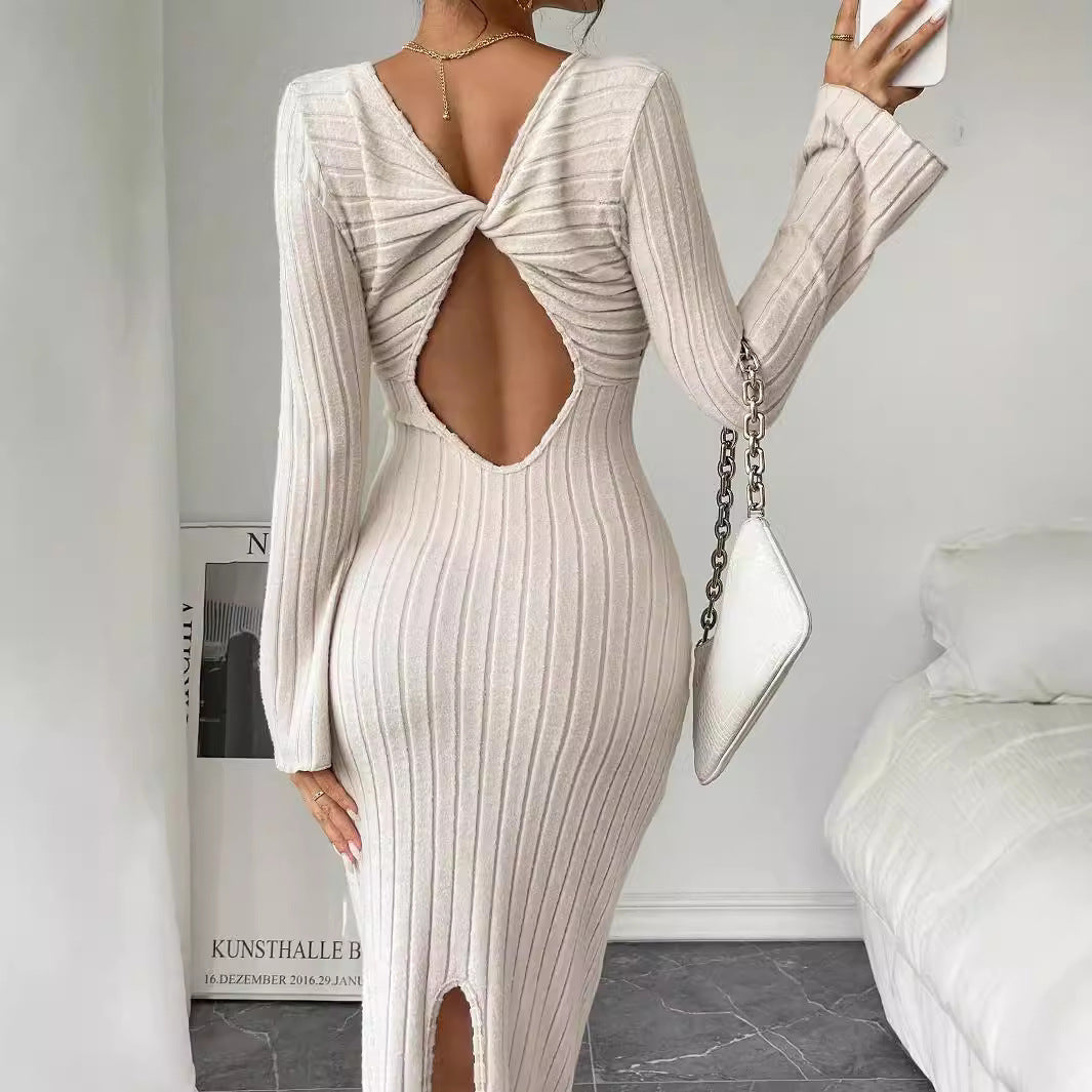 Damen geripptes Midaxi-Kleid mit U-Ausschnitt, figurbetonter Stretch-Silhouette und ausgestellten Ärmeln Shop Nory