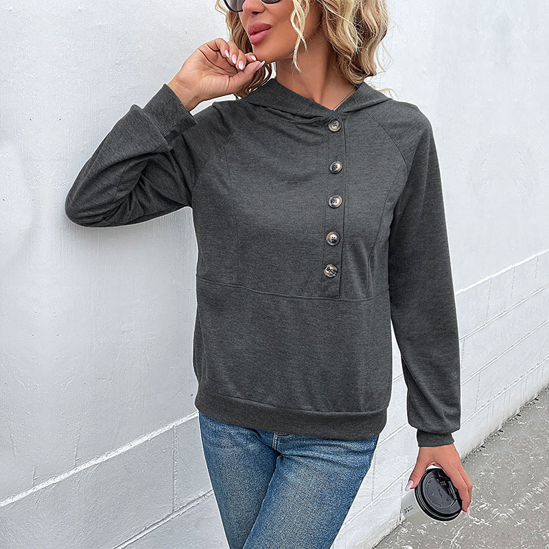 Damen Kapuzenpullover mit asymmetrischer Knopfleiste und Raglanärmeln Shop Nory