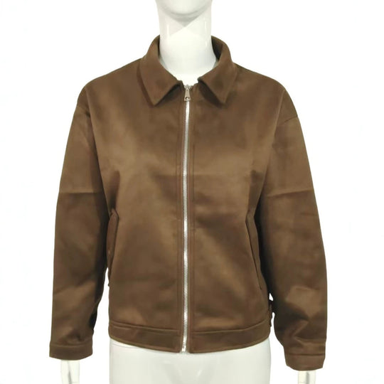 Damen Kurzblouson in Veloursleder-Optik mit Frontreißverschluss und Hemdkragen Shop Nory