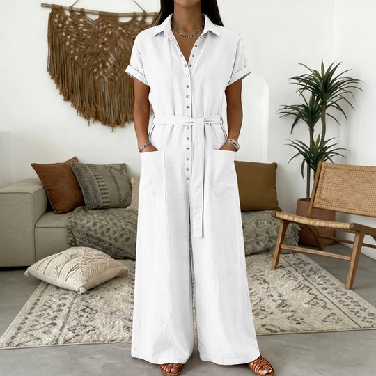 Damen Hemdblusen-Jumpsuit mit weitem Bein, Aufgesetzten Taschen und Bindegürtel Shop Nory
