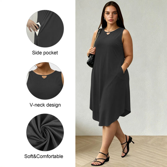 Damen Ärmelloses A-Linien-Midikleid mit seitlichen Eingrifftaschen und V-Ausschnitt Shopy Nory
