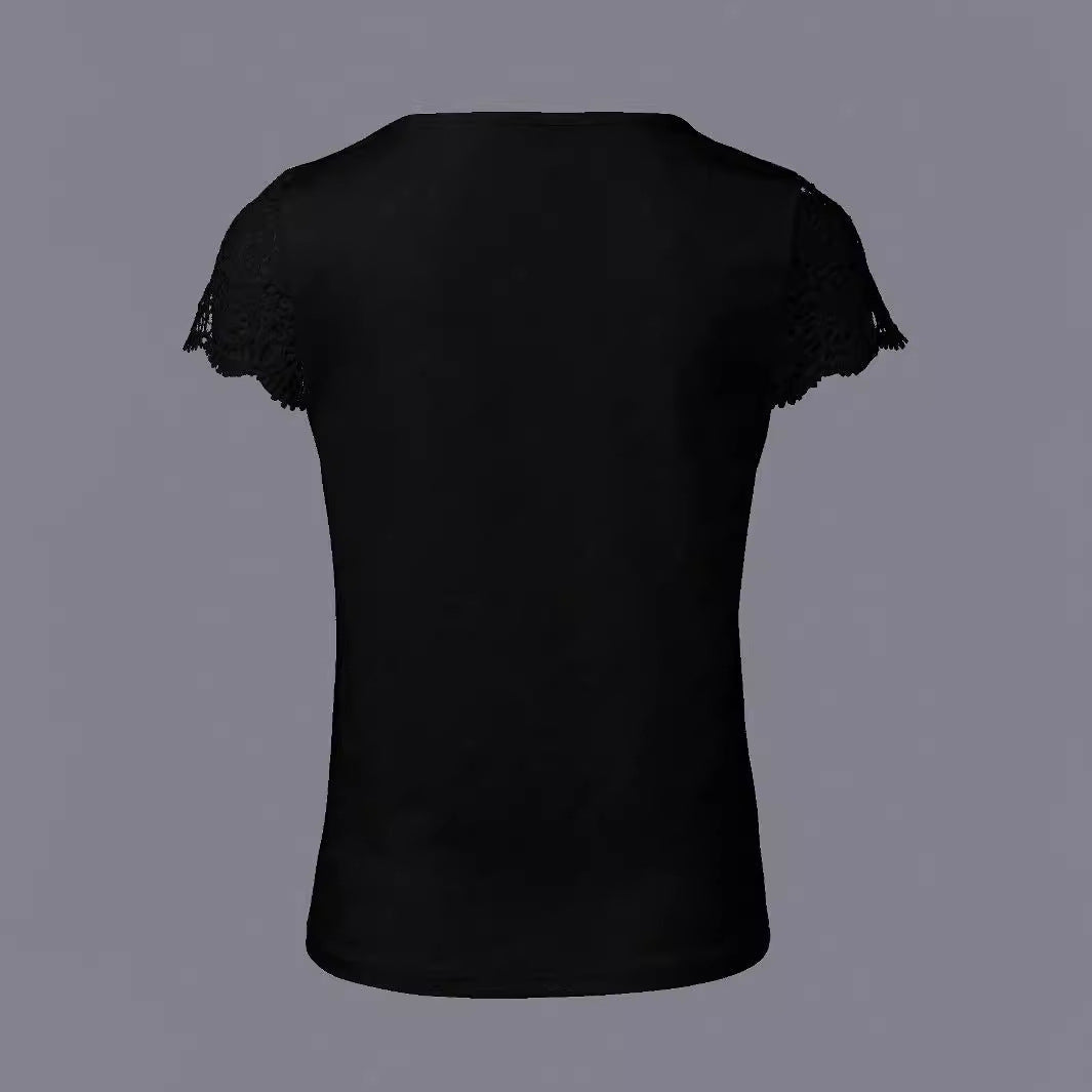 Damen V-Ausschnitt T-Shirt mit Spitzenärmeln