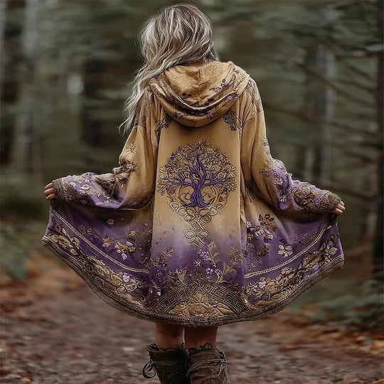 Damen Boho Kapuzenmantel im Schwung-Schnitt mit Baum-Motiv und Farbverlauf Shop Nory