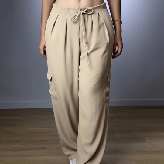 Damen Hochtaillierte Cargo-Hose mit weitem Bein, Tunnelzug und Bundfalten Shop Nory
