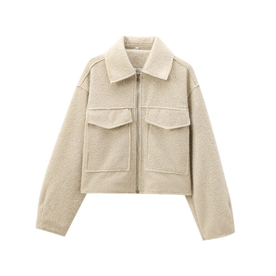 Damen Kurze Bouclé‑Jacke im Boxy‑Cut mit Reißverschluss und Pattentaschen Shop Nory