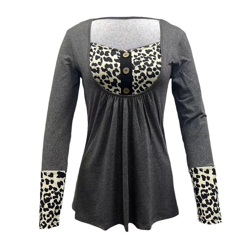 Damen Langarmshirt mit Leo-Einsatz, gerafftem Bund und Knopfblende Shop Nory