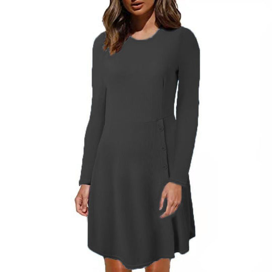 Damen Geripptes A‑Linien Kleid mit Rundhalsausschnitt, langen Ärmeln und seitlicher Knopfleiste Shop Nory