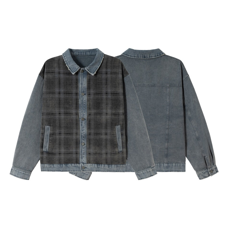 Unisex Boxy-Jeansblouson mit karierter Frontpaneel, kontrastierenden Denim-Ärmeln und Druckknopfleiste Shop Nory