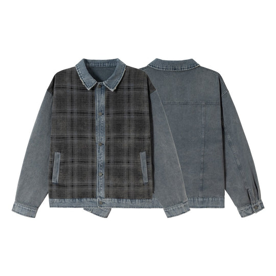Unisex Boxy-Jeansblouson mit karierter Frontpaneel, kontrastierenden Denim-Ärmeln und Druckknopfleiste Shop Nory