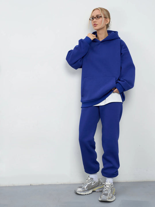 Damen lässiges Kapuzen-Sweatset aus schwerer Baumwollfleece mit Kängurutasche und gerader Jogginghose Shop Nory