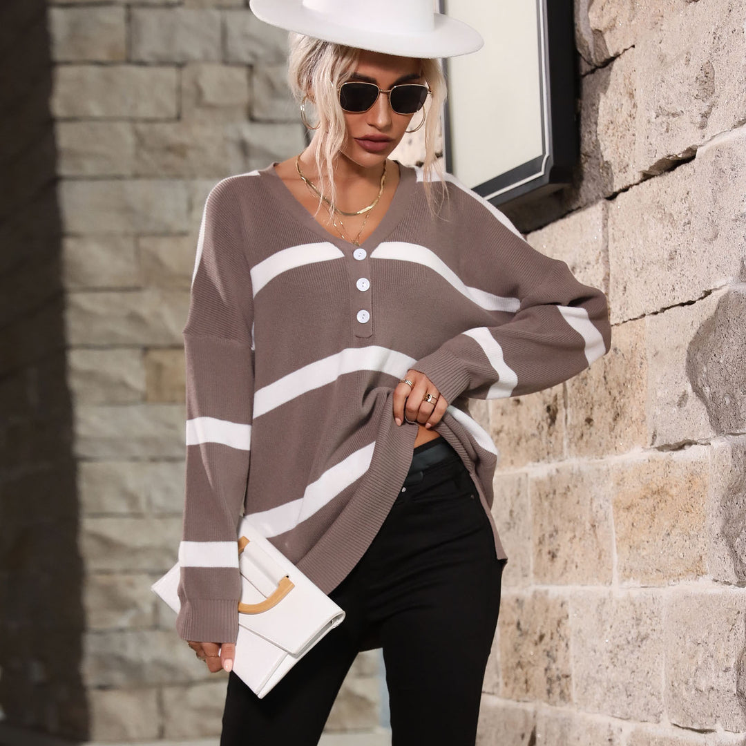 Damen Lockerer V-Ausschnitt Feinstrickpullover mit Knopfleiste und überschnittener Schulter Shop Nory